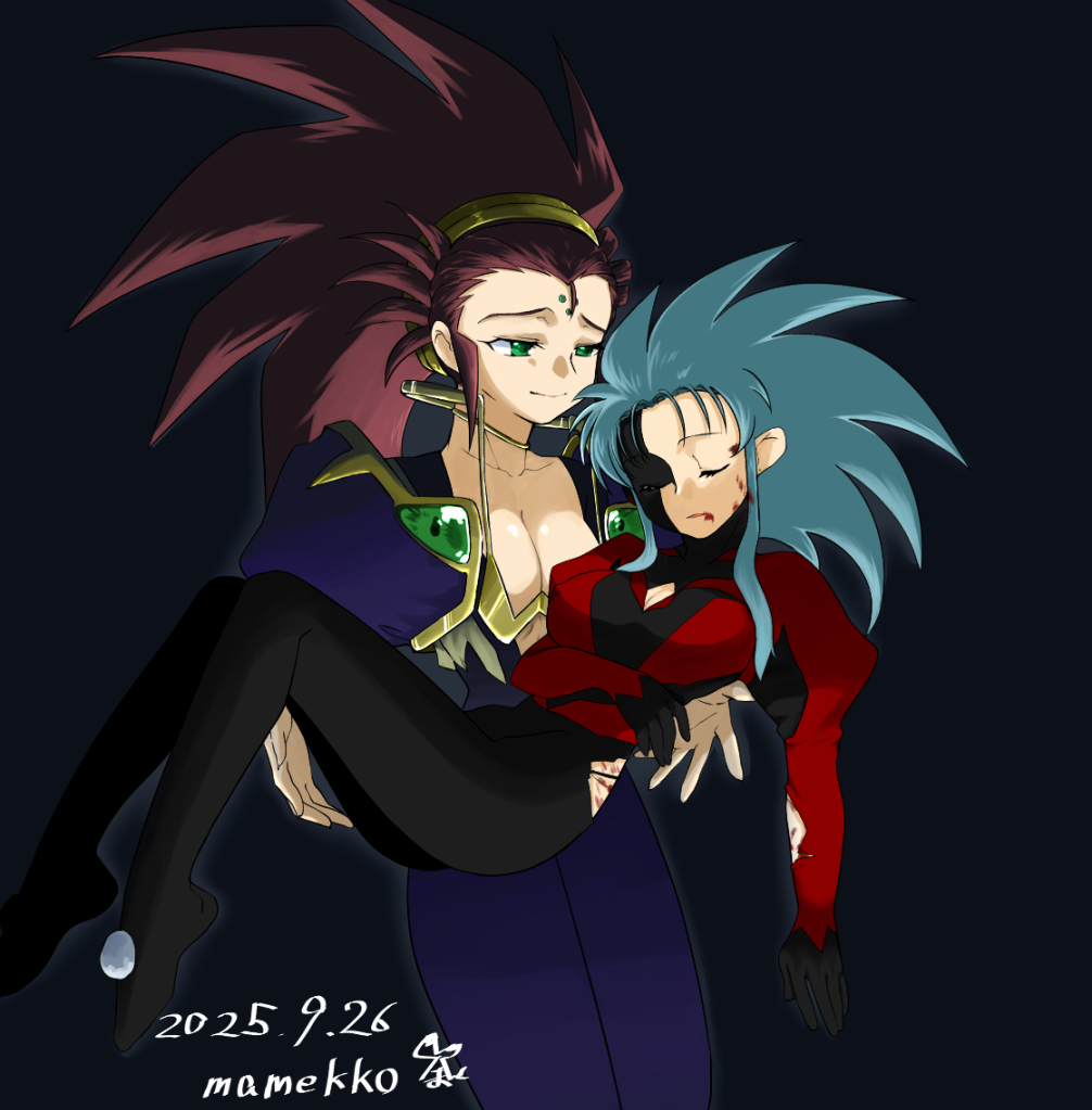 meyama mamezou, hakubi washuu, ryouko (tenchi muyou!), tenchi muyou!, commentary request, 2girls, aqua hair, black background, blood, blood on face, bodysuit, breasts, capelet, choker, cleavage, cleavage cutout, closed eyes, clothing cutout, dated, facial mark, forehead mark, gold hairband, hair pulled back, hairband, injury, large breasts, long sidelocks, mother and daughter, multiple girls, red hair, sidelocks, signature, smile, spiked hair, torn clothes