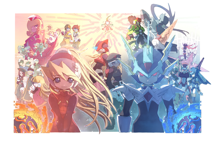 alouette (mega man), andrew (mega man), brise (mega man), cerveau (mega man), ciel (mega man), copy x (mega man), craft (mega man), dr. weil (mega man), elpizo (mega man), fairy leviathan (mega man), fighting fefnir (mega man), hidden phantom (mega man), neige (mega man), omega (mega man), pantheon (mega man), sage harpuia (mega man), tornado (mega man), x (mega man), zero(z) (mega man), zero (mega man), mega man (series), mega man zero (series), mega man zero 1, mega man zero 2, mega man zero 3, mega man zero 4, abs, absolutely everyone, android, armor, autruche (mega man), beard, black armor, black eyes, black gloves, black hair, black helmet, blonde hair, blue armor, blue eyes, blue helmet, breastplate, brown eyes, brown gloves, brown hair, clenched hand, clenched hands, crossed arms, cyber elf (mega man), dande (mega man), doigt (mega man), dress, energy sword, everyone, evil grin, evil smile, facial hair, fangs, faucon (mega man), fins, forehead jewel, gloves, green armor, green eyes, green helmet, grin, hands on own chest, head fins, helmet, hibou (mega man), high ponytail, hirondelle (mega man), jewelry, long beard, long hair, looking at viewer, may (nicoseiga 32709921), menart (mega man), official style, old, old man, one eye covered, perroquiet (mega man), pic (mega man), pink dress, pink helmet, ponytail, red armor, red eyes, red hair, red helmet, red scarf, robot, robot ears, robot girl, rocinolle (mega man), scarf, serious, short hair, shoulder armor, smile, spiked hair, sword, unnamed female soldier (mega man zero), v arms, very long hair, weapon, white armor, white gloves, white helmet, winged helmet, z saber