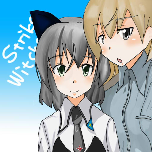 eila ilmatar juutilainen, sanya v. litvyak, strike witches, world witches series, uniform, 00s, 2girls, :o, animal ears, brown hair, copyright name, green eyes, grey eyes, grey hair, multiple girls, necktie, open mouth, short hair, smile