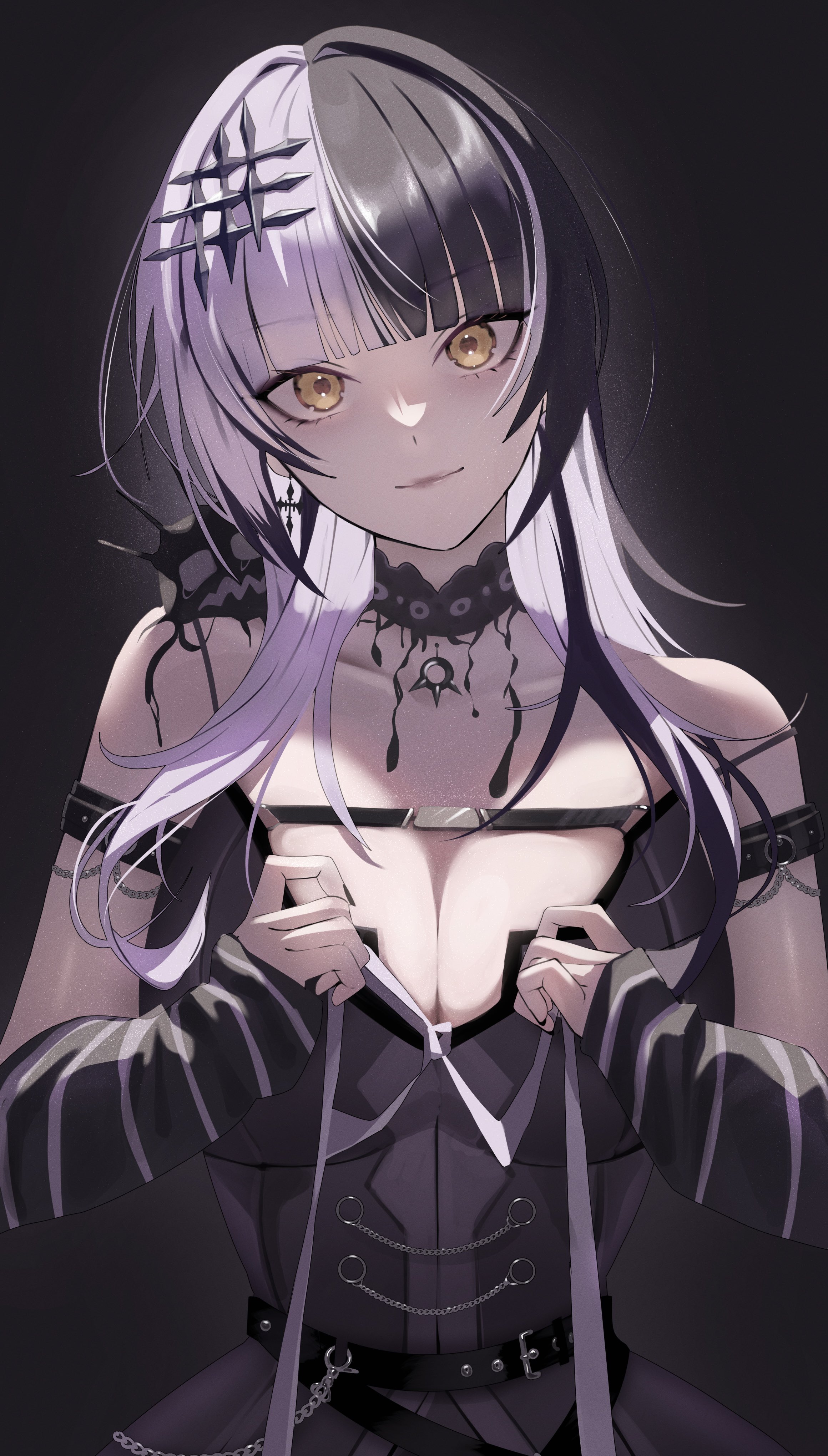 shiori novella, yorick (shiori novella), hololive, hololive english, absurdres, highres, 1girl, arm strap, belt, black arm warmers, black background, black belt, black choker, black dress, black hair, black nails, breasts, chest belt, choker, cleavage, closed mouth, dress, grey hair, hair ornament, head tilt, large breasts, long hair, looking at viewer, multicolored hair, nail polish, pendant choker, simple background, sleeveless, sleeveless dress, solo, split-color hair, striped arm warmers, two-tone hair, upper body, virtual youtuber, yellow eyes, zen1zen3