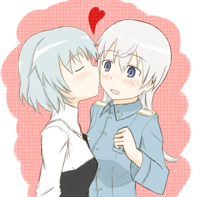 ashuku, eila ilmatar juutilainen, sanya v. litvyak, strike witches, world witches series, 00s, 2girls, blush, couple, kiss, military, military uniform, multiple girls, white hair, yuri