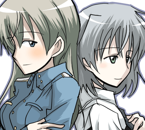 eila ilmatar juutilainen, sanya v. litvyak, strike witches, world witches series, lowres, 00s, 2girls, back-to-back, multiple girls, white background