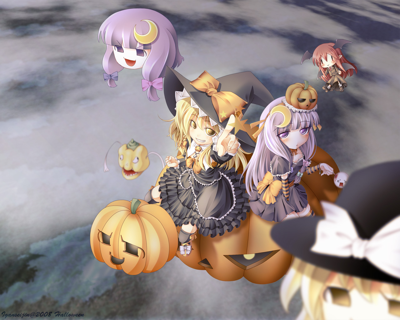 iganboshijin, iganseijin, kedama (touhou), kirisame marisa, koakuma, patchouli knowledge, spoo, embodiment of scarlet devil, okaasan to issho, touhou, 3girls, :<, alternate costume, blonde hair, female focus, grin, halloween, index finger raised, jack-o'-lantern, multiple girls, pumpkin, smile, yukkuri shiteitte ne, | |