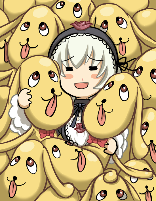 aka (s3637), kunkun, suigintou, rozen maiden, silver hair, 00s, blood, blush, closed eyes, hairband, nosebleed, smile, solo