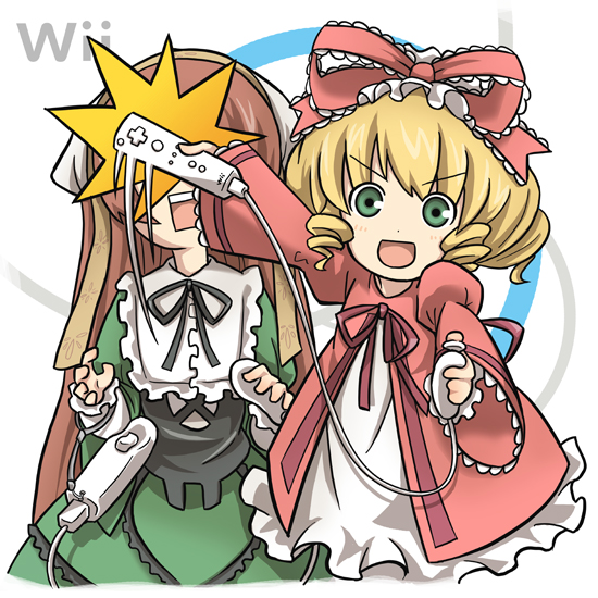 aka (s3637), hinaichigo, suiseiseki, rozen maiden, 00s, 2girls, accident, blonde hair, bow, brown hair, controller, dress, frills, game console, game controller, green eyes, headscarf, multiple girls, pink bow, playing games, video game, white headscarf, wii, wii remote