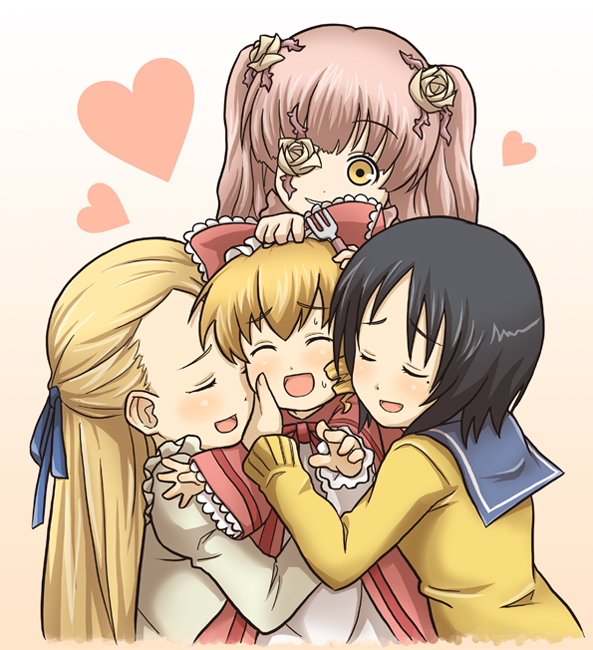 aka (s3637), hinaichigo, kashiwaba tomoe, kirakishou, odille fosset, rozen maiden, 00s, 4girls, black hair, blonde hair, blue sailor collar, bow, closed eyes, drill hair, flower, fork, frills, hug, mole, mole under eye, multiple girls, pink bow, pink hair, rose, sailor collar, school uniform, serafuku, smile, sweatdrop, trapped, yellow eyes