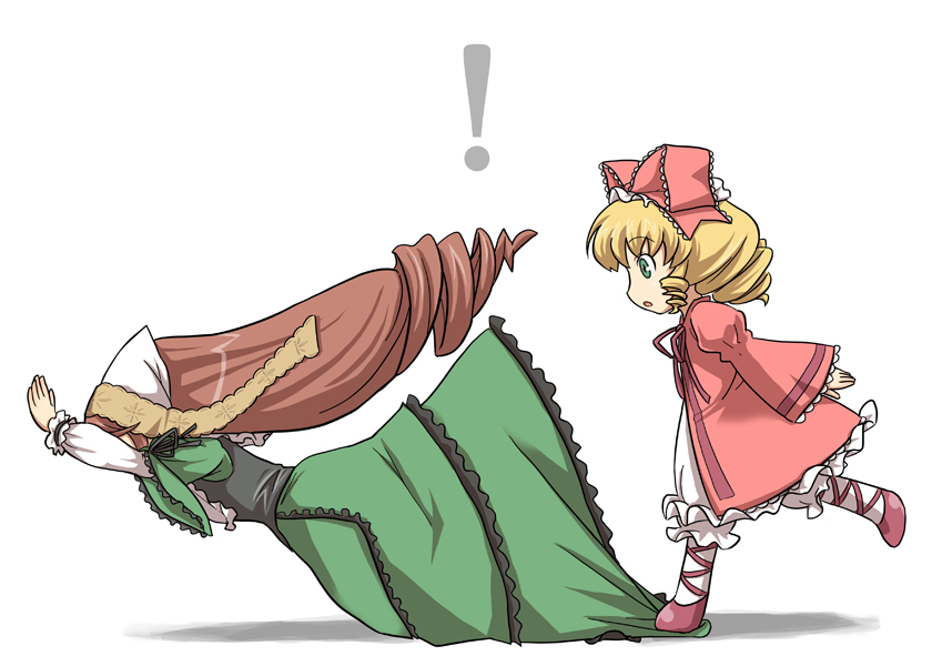 aka (s3637), hinaichigo, suiseiseki, rozen maiden, !, 00s, 2girls, accident, blonde hair, bow, brown hair, dress, drill hair, faceplant, frills, green eyes, headscarf, long hair, multiple girls, pink bow, tripping, white headscarf