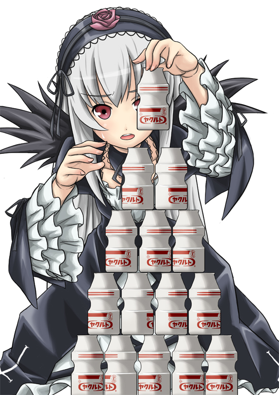 aka (s3637), suigintou, rozen maiden, yakult, silver hair, 00s, dress, frills, hairband, purple eyes, solo, stacking, wings