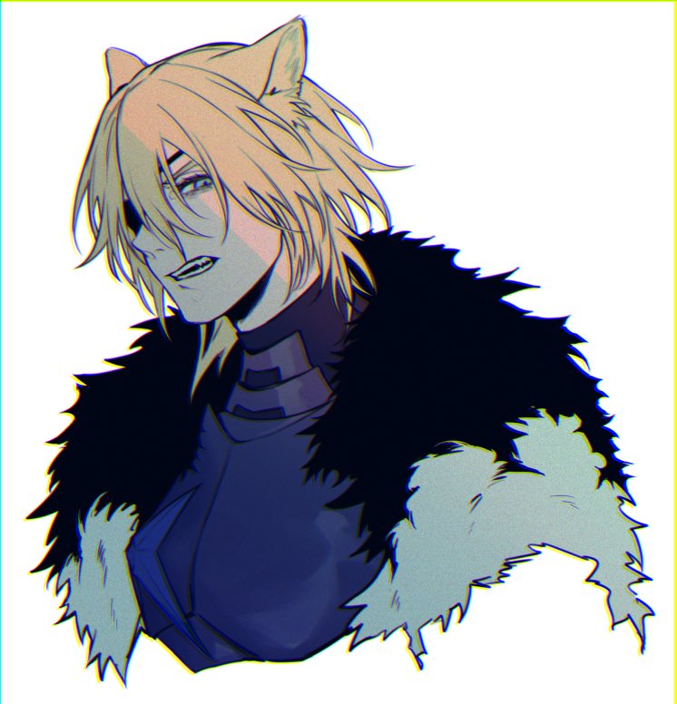 sb (sbixinsky), dimitri alexandre blaiddyd, dimitri alexandre blaiddyd (timeskip), fire emblem, fire emblem: three houses, nintendo, commentary request, 1boy, animal ears, armor, black armor, black fur, blue eyes, breastplate, cropped torso, eyepatch, hair between eyes, kemonomimi mode, lion boy, looking to the side, male focus, one eye covered, open mouth, profile, sideways glance, simple background, solo, teeth, white background, white fur