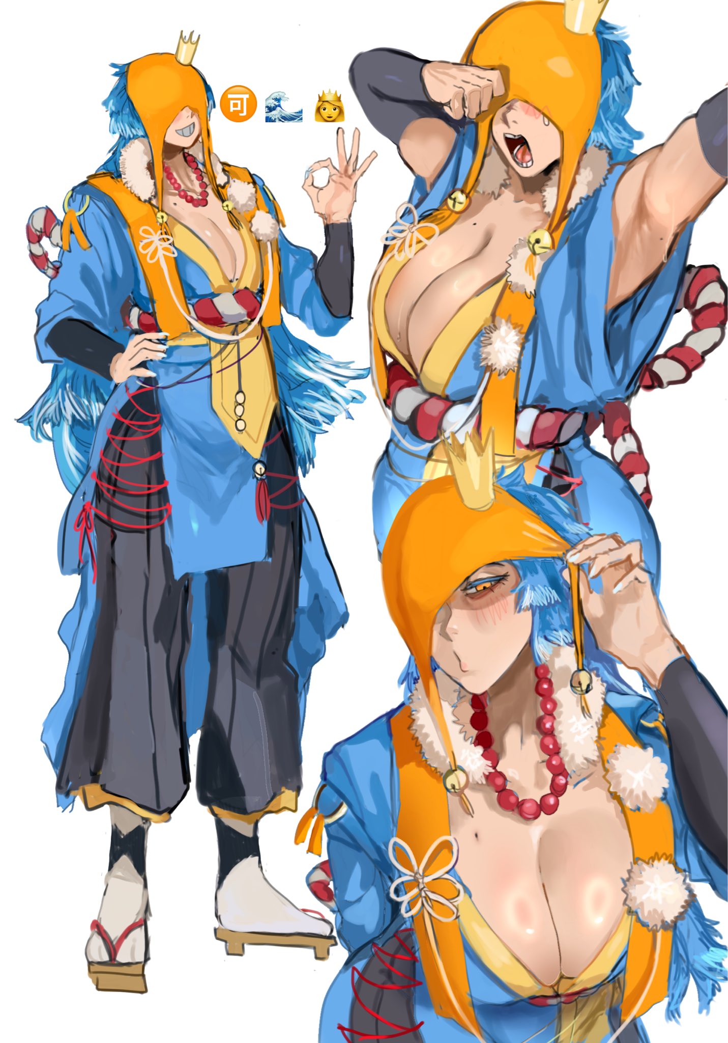 sfour s4, original, commentary, english commentary, highres, 1girl, armpits, blue hair, blush, breasts, cleavage, covered eyes, crown, emoji, jewelry, large breasts, light blush, long hair, long sleeves, mole, mole on armpit, mole on breast, multiple views, necklace, ok sign, platform sandals, sandals, simple background, smile, solo, white background, yawning