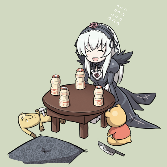 aka (s3637), pooh, suigintou, rozen maiden, winnie the pooh, yakult, silver hair, 00s, doll, dress, hairband, knife, pillow, purple eyes, smile, solo, wings