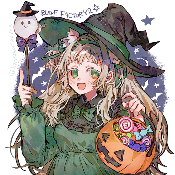 shourou kanna, rune factory, rune factory 2, commentary request, 1girl, :d, alternate costume, bat (animal), bow, candy, collared dress, copyright name, dress, food, green bow, green dress, green eyes, halloween, halloween bucket, halloween costume, hat, holding, holding wand, jack-o'-lantern, leann (rune factory), long hair, long sleeves, looking at viewer, open mouth, pumpkin, smile, solo, star (symbol), wand, witch hat
