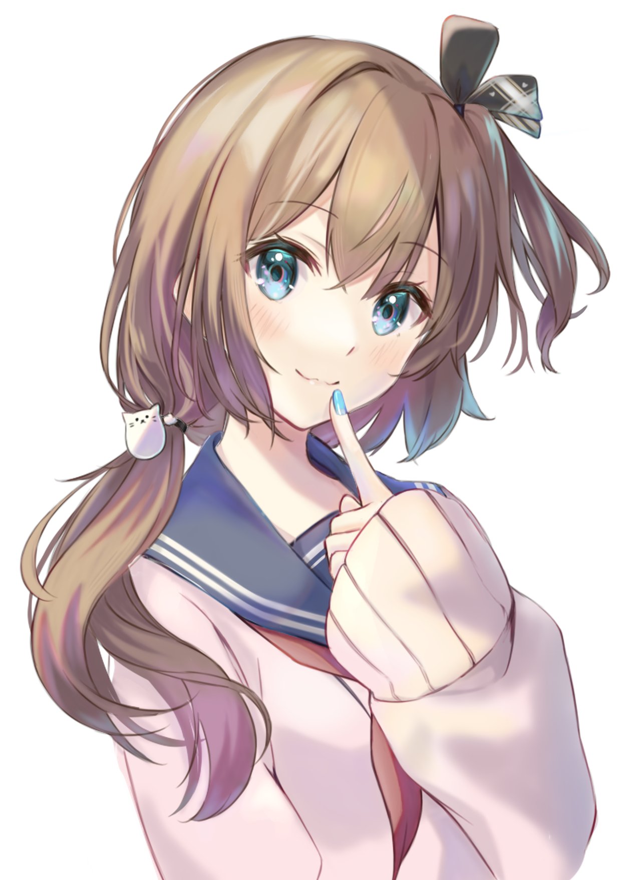 kotorime (kmizuq1), original, highres, 1girl, black ribbon, blue eyes, blue nails, blue sailor collar, brown hair, cat hair ornament, closed mouth, collared shirt, hair between eyes, hair ornament, light blush, long hair, long sleeves, neck ribbon, neckerchief, one side up, pink sweater, poking, ponytail, red neckerchief, ribbon, sailor collar, school uniform, shirt, sleeves past wrists, smile, solo, sweater, upper body, white background, wide sleeves