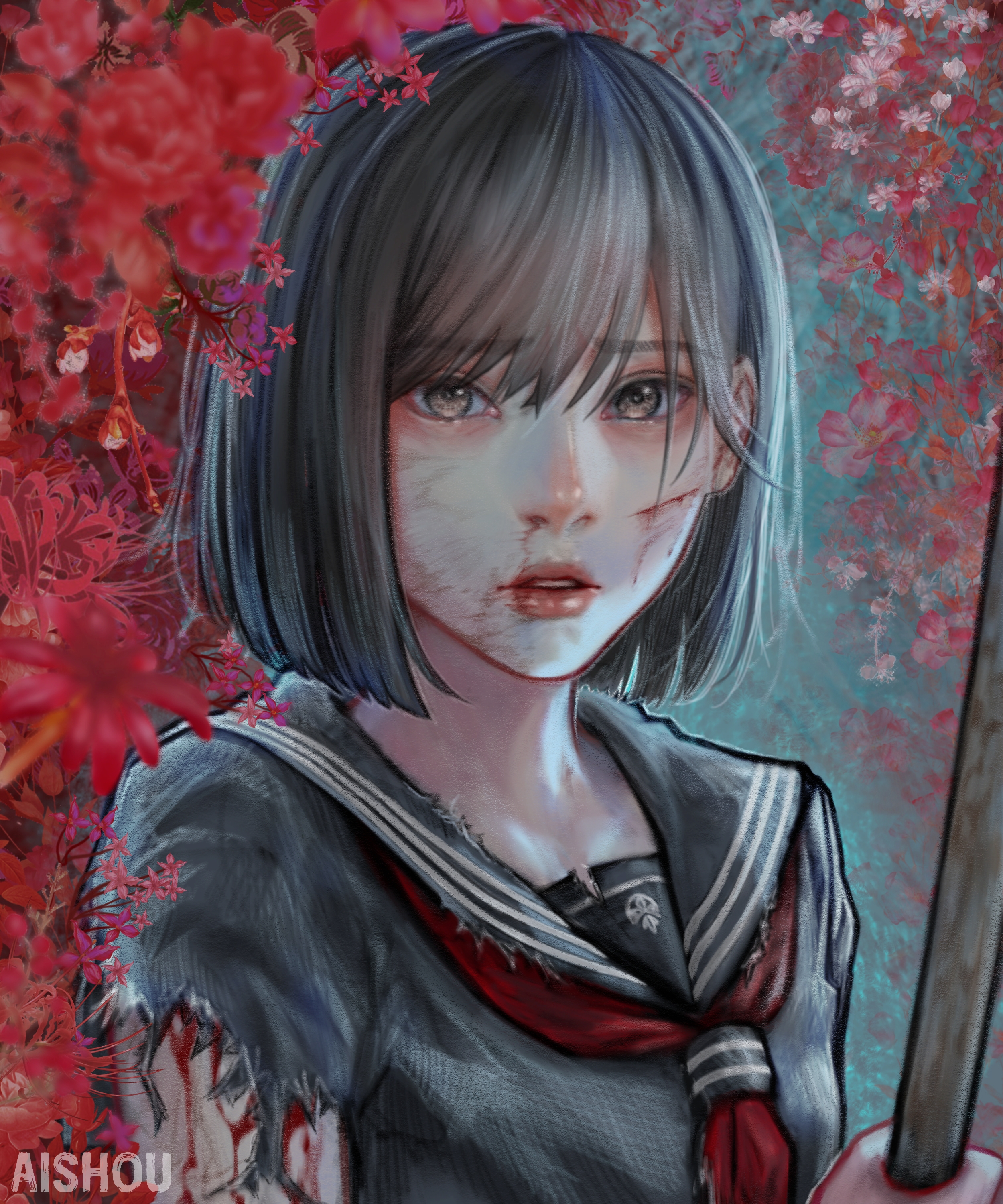 ai shou, shimizu hinako, silent hill (series), silent hill f, absurdres, commentary, english commentary, highres, 1girl, artist name, black hair, black serafuku, blood, blood on arm, cheek injury, flower, holding, holding lead pipe, lead pipe, neckerchief, red flower, red neckerchief, sailor collar, school uniform, serafuku, short hair, solo, torn clothes, torn sleeve
