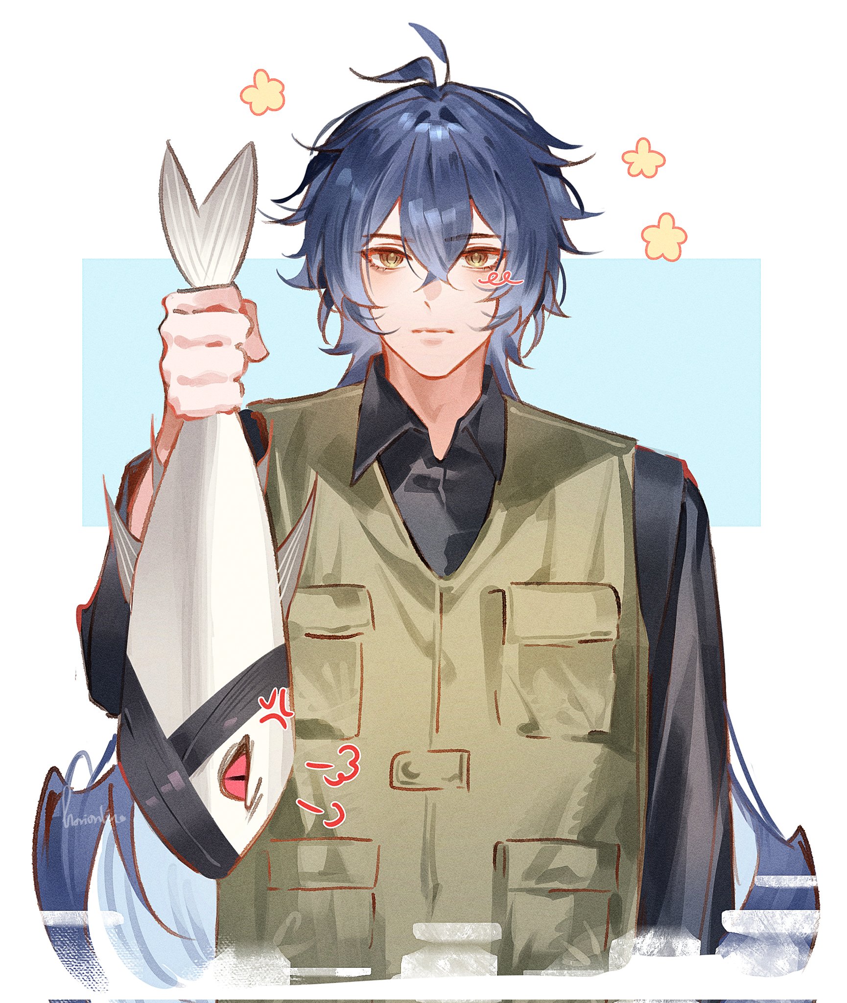 flins (genshin impact), rerir (genshin impact), genshin impact, commentary, english commentary, highres, 1boy, :|, anger vein, animal, animalization, antenna hair, black shirt, brown vest, closed mouth, collared shirt, cropped torso, crossed bangs, double-parted bangs, fish, holding, holding animal, holding fish, horionline, long hair, long sleeves, looking at viewer, male focus, open collar, pocket, red eyes, shirt, slit pupils, very long hair, vest, wing collar