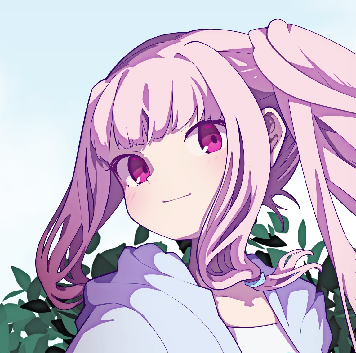itachi (mamamamamamazu1), kotonoha akane, voiceroid, bad id, bad twitter id, 1girl, alternate costume, blue hoodie, blush, bush, closed mouth, floating hair, hood, hood down, hoodie, long hair, looking at viewer, open clothes, open hoodie, pink eyes, pink hair, portrait, shirt, side ponytail, smile, solo, white shirt