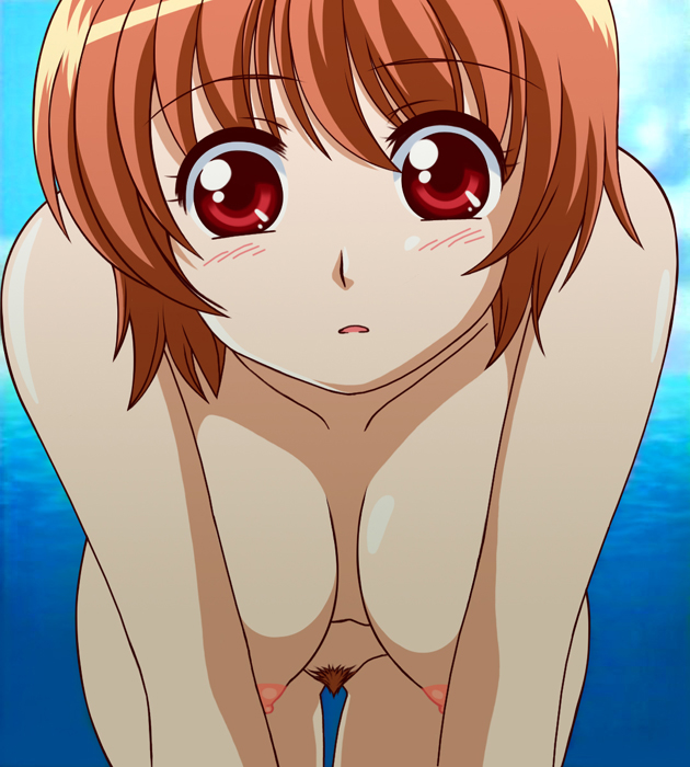 osaragi hazumu, kashimashi, nude filter, third-party edit, 00s, 1girl, blush, breasts, female focus, female pubic hair, nipples, nude, ocean, outdoors, pubic hair, red eyes, red hair, sky, solo, uncensored