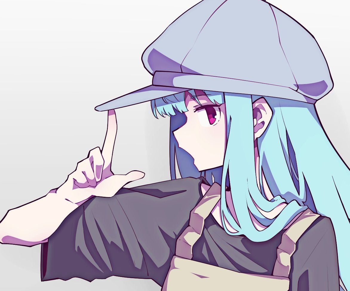 itachi (mamamamamamazu1), kotonoha aoi, voiceroid, bad id, bad twitter id, 1girl, alternate costume, black shirt, blue hair, grey background, hand up, hat, index finger raised, long hair, looking at viewer, looking to the side, newsboy cap, open mouth, overalls, pink eyes, profile, shirt, short sleeves, simple background, solo, upper body