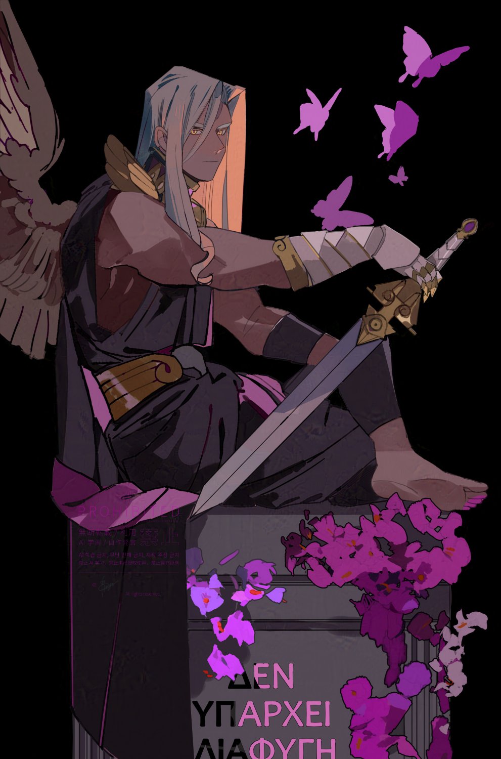 ebata ringo, thanatos (hades), hades (series), commentary, english commentary, highres, 1boy, alternate hair length, alternate hairstyle, angel wings, barefoot, black background, black robe, bug, butterfly, dark-skinned male, dark skin, flower, greco-roman clothes, holding, holding sword, holding weapon, insect, long hair, male focus, parted hair, purple flower, robe, single wing, sitting, solo, sword, weapon, wings, yellow eyes