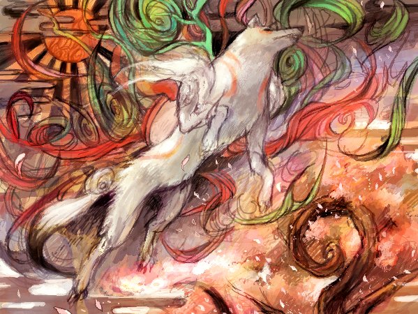 sime (echo), amaterasu (ookami), ookami (game), bad id, bad pixiv id, animal, bodypaint, fire, full body, no humans, sun, sunlight, wolf