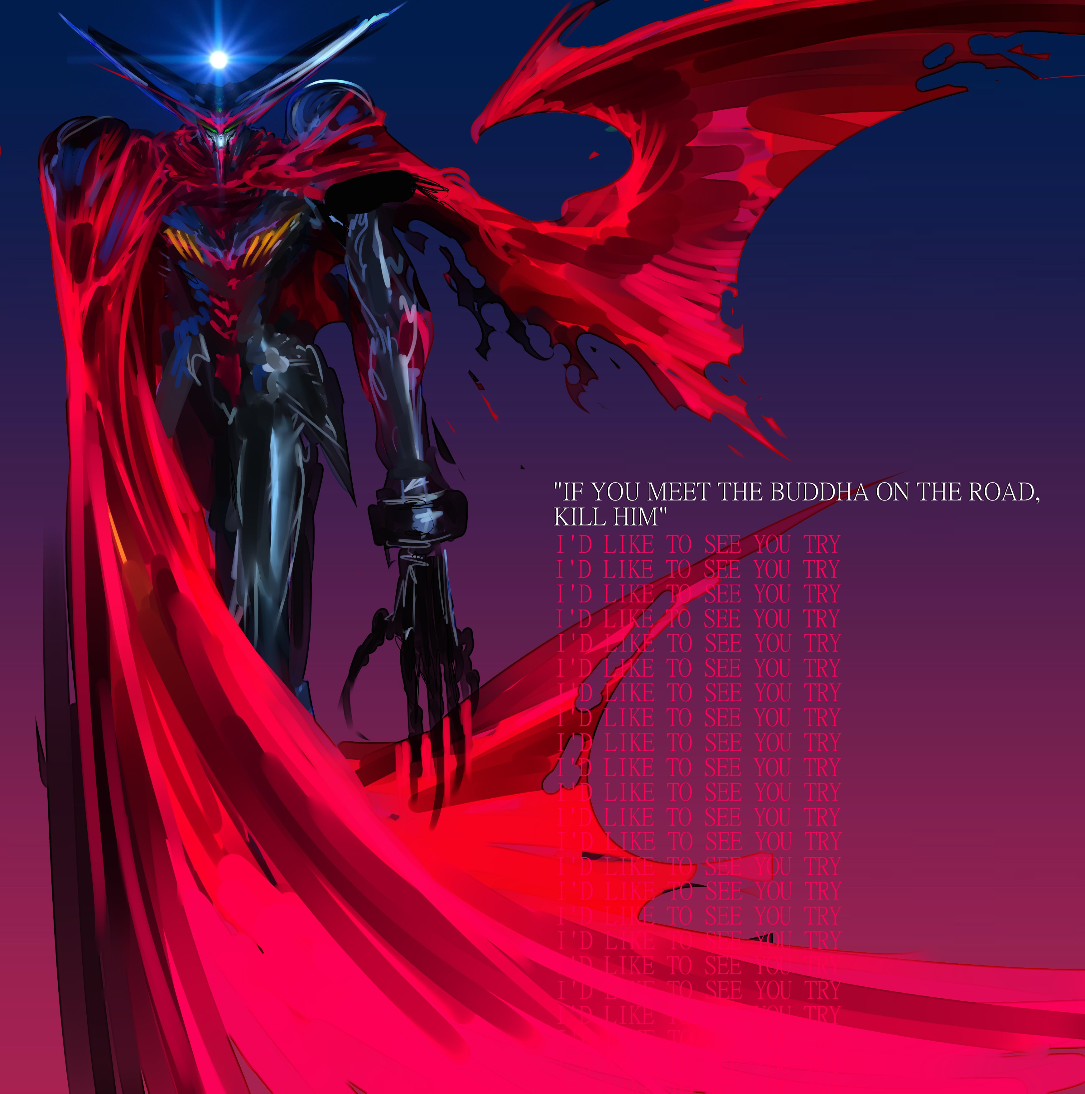 witnesstheabsurd, master gundam, g gundam, gundam, absurdres, commentary, english commentary, highres, cape, english text, gradient background, green eyes, looking at viewer, mecha, mecha focus, no humans, red cape, redesign, robot, science fiction, solo, standing, star (sky), super robot, torn cape, torn clothes, v-fin