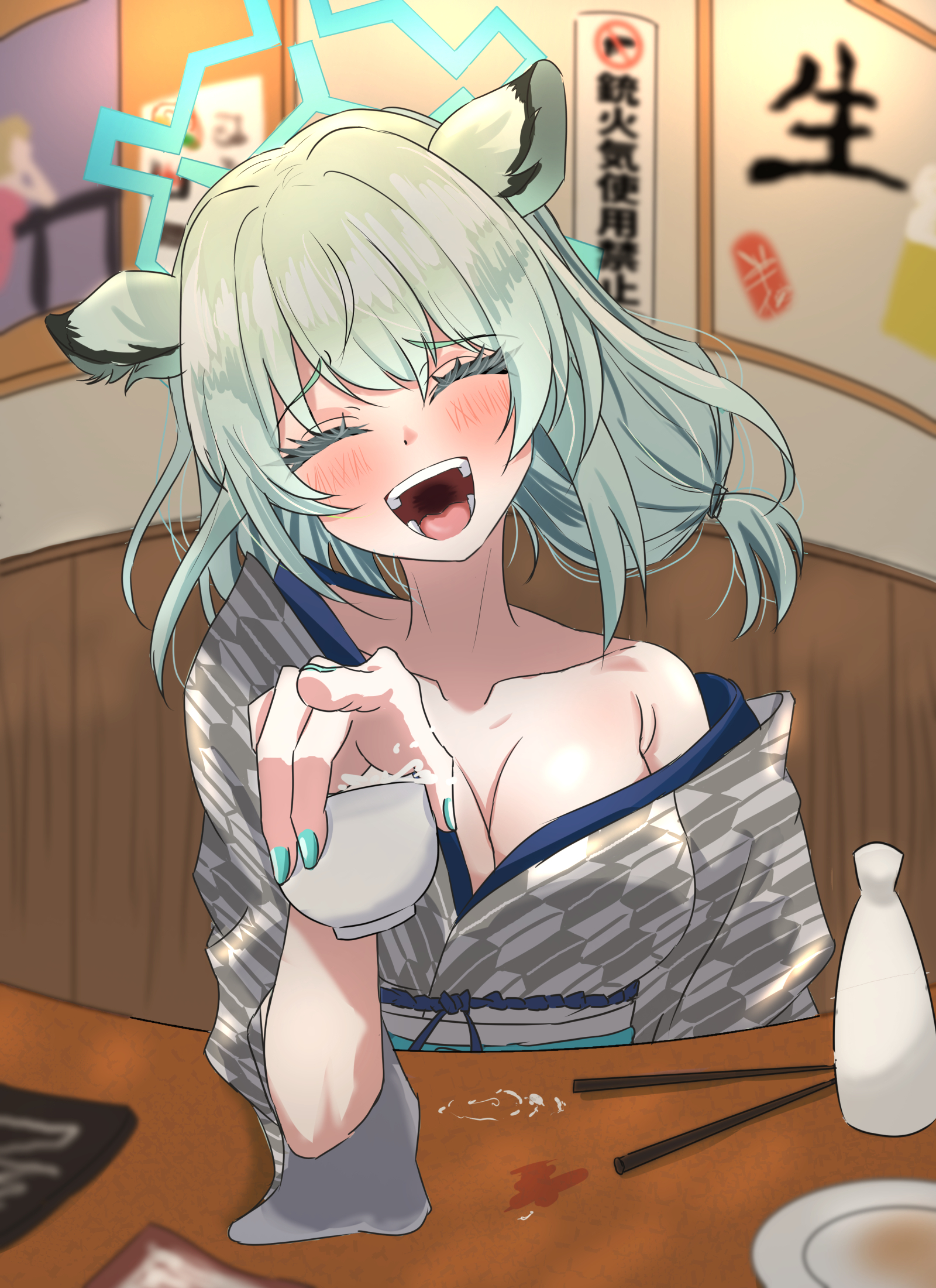 lobstrater64, shigure (blue archive), shigure (hot spring) (blue archive), blue archive, highres, animal ears, aqua hair, bath yukata, blue halo, blush, breasts, choko (cup), cleavage, cup, facing viewer, green hair, grey kimono, halo, holding, holding cup, japanese clothes, kimono, laughing, off shoulder, striped clothes, striped kimono, tokkuri, vertical-striped clothes, vertical-striped kimono, weasel ears, weasel girl, yagasuri, yukata