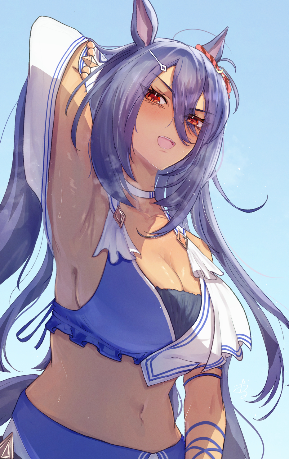 orusun, hishi amazon (azure amazon) (umamusume), hishi amazon (umamusume), umamusume, commentary, highres, 1girl, animal ears, arm at side, arm behind head, arm up, armpits, asymmetrical sleeves, breasts, cleavage, crop top, dark-skinned female, dark skin, eyes visible through hair, fangs, hair between eyes, hair ornament, hairclip, horse ears, horse girl, horse tail, large breasts, long hair, midriff, navel, open mouth, presenting armpit, purple hair, red eyes, sideboob, solo, stomach, sweat, tail, upper body, very long hair