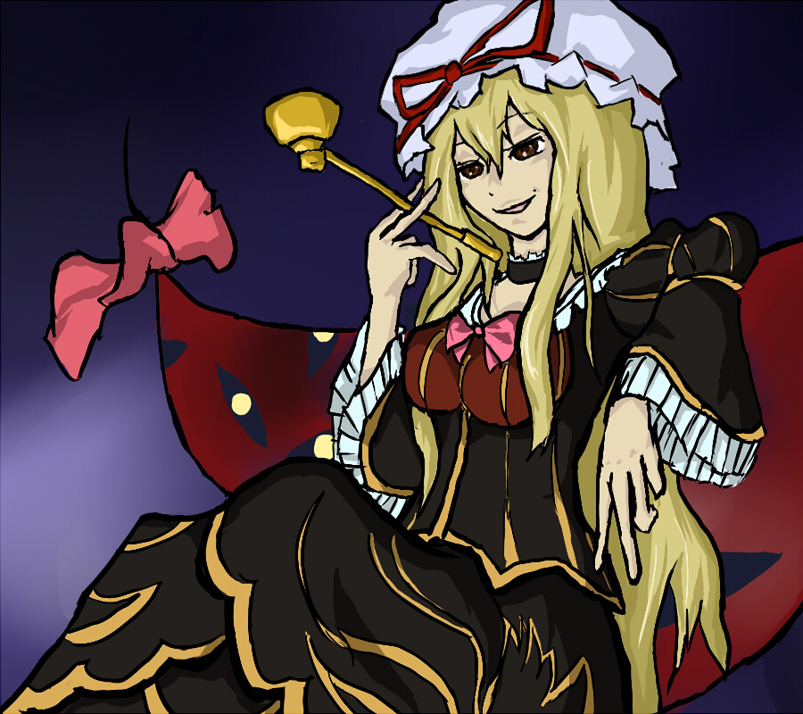 vlack jack, beatrice (umineko), yakumo yukari, touhou, umineko no naku koro ni, bad id, bad pixiv id, 1girl, bow, female focus, gap (touhou), kiseru, parody, pink bow, smoking pipe, solo