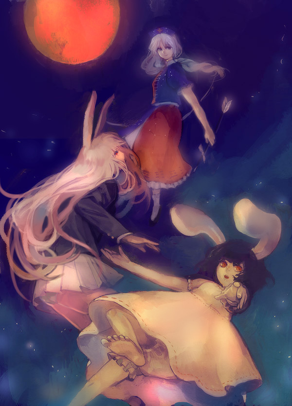 chiizu sakiika, kawachi, inaba tewi, reisen udongein inaba, yagokoro eirin, touhou, bad id, bad pixiv id, 3girls, female focus, gradient background, moon, multiple girls, outdoors, red moon, sky