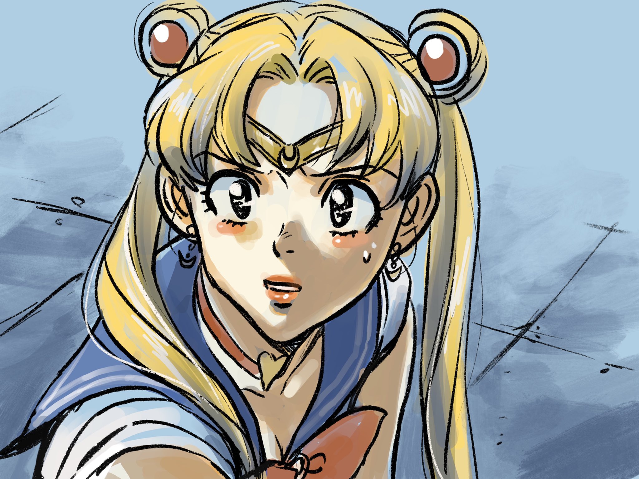 tsukino usagi, bishoujo senshi sailor moon, bishoujo senshi sailor moon s, commentary request, highres, 1girl, blue eyes, blush, bow, bowtie, breasts, choker, circlet, cleavage, crescent, crescent earrings, curtained hair, earrings, elbow gloves, eyelashes, gloves, hair over shoulder, heart, heart choker, jewelry, kozaki ai, long hair, magical girl, meme, parted bangs, parted lips, red bow, red bowtie, sailor moon redraw challenge (meme), sailor senshi uniform, solo, sweatdrop, twintails
