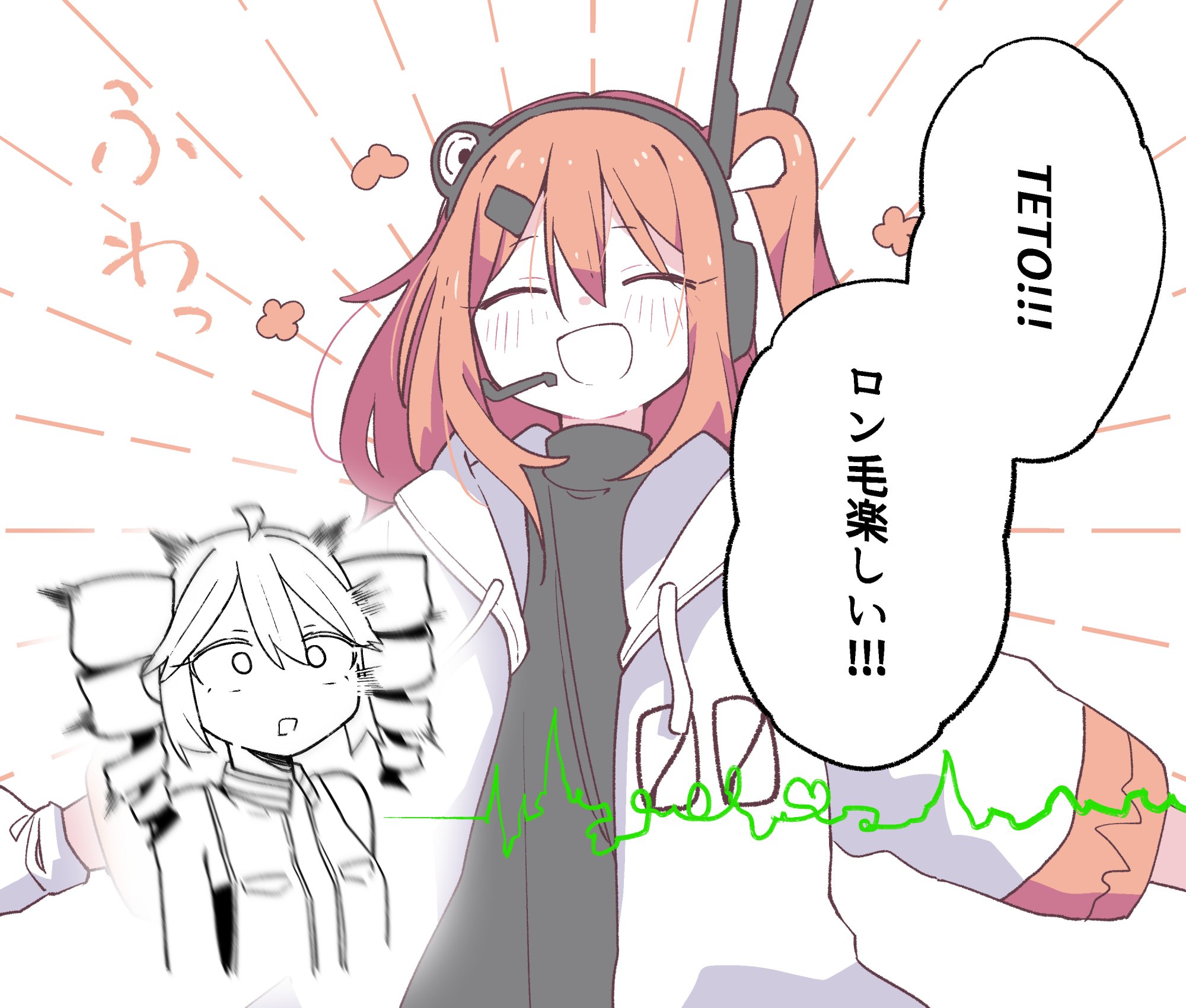 itachi (mamamamamamazu1), adachi rei, kasane teto, kasane teto (utau), a.i. voice, utau, highres, translation request, 2girls, black shirt, blush, cardiogram, closed eyes, cropped torso, drill hair, flower symbol, hair ribbon, happy aura, headset, hood, hood down, hooded jacket, jacket, multiple girls, official alternate hair length, official alternate hairstyle, one side up, open clothes, open jacket, open mouth, orange hair, outstretched arms, partially colored, projected inset, radio antenna, ribbon, shirt, simple background, sleeveless, sleeveless shirt, smile, spread arms, twin drills, upper body, white background, white jacket, white ribbon, wide-eyed