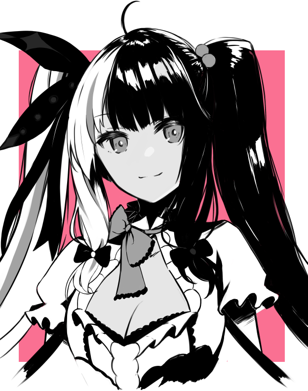kotorime (kmizuq1), yorumi rena, yorumi rena (1st costume), nijisanji, 1girl, ahoge, black hair, breasts, cleavage, cleavage cutout, clothing cutout, dress, grey hair, hair bobbles, hair ornament, hair ribbon, light smile, long hair, monochrome, multicolored hair, pink background, puffy short sleeves, puffy sleeves, ribbon, short sleeves, solo, split-color hair, streaked hair, striped clothes, striped dress, twintails, two-tone hair, upper body, vertical-striped clothes, vertical-striped dress, virtual youtuber