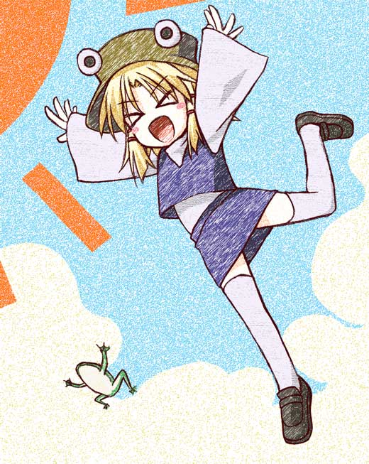 izana minagi, moriya suwako, touhou, > <, 1girl, closed eyes, female focus, frog, full body, hat, outdoors, skirt, sky, solo, thighhighs