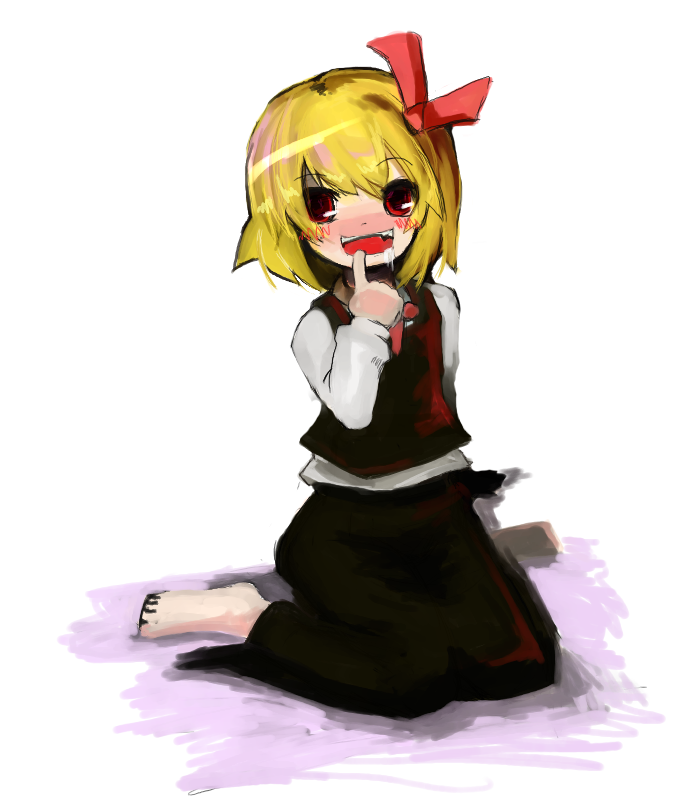 luft (luft dokka), rumia, embodiment of scarlet devil, touhou, 1girl, barefoot, blonde hair, blush, female focus, finger to mouth, hair ribbon, necktie, red eyes, ribbon, saliva, short hair, solo