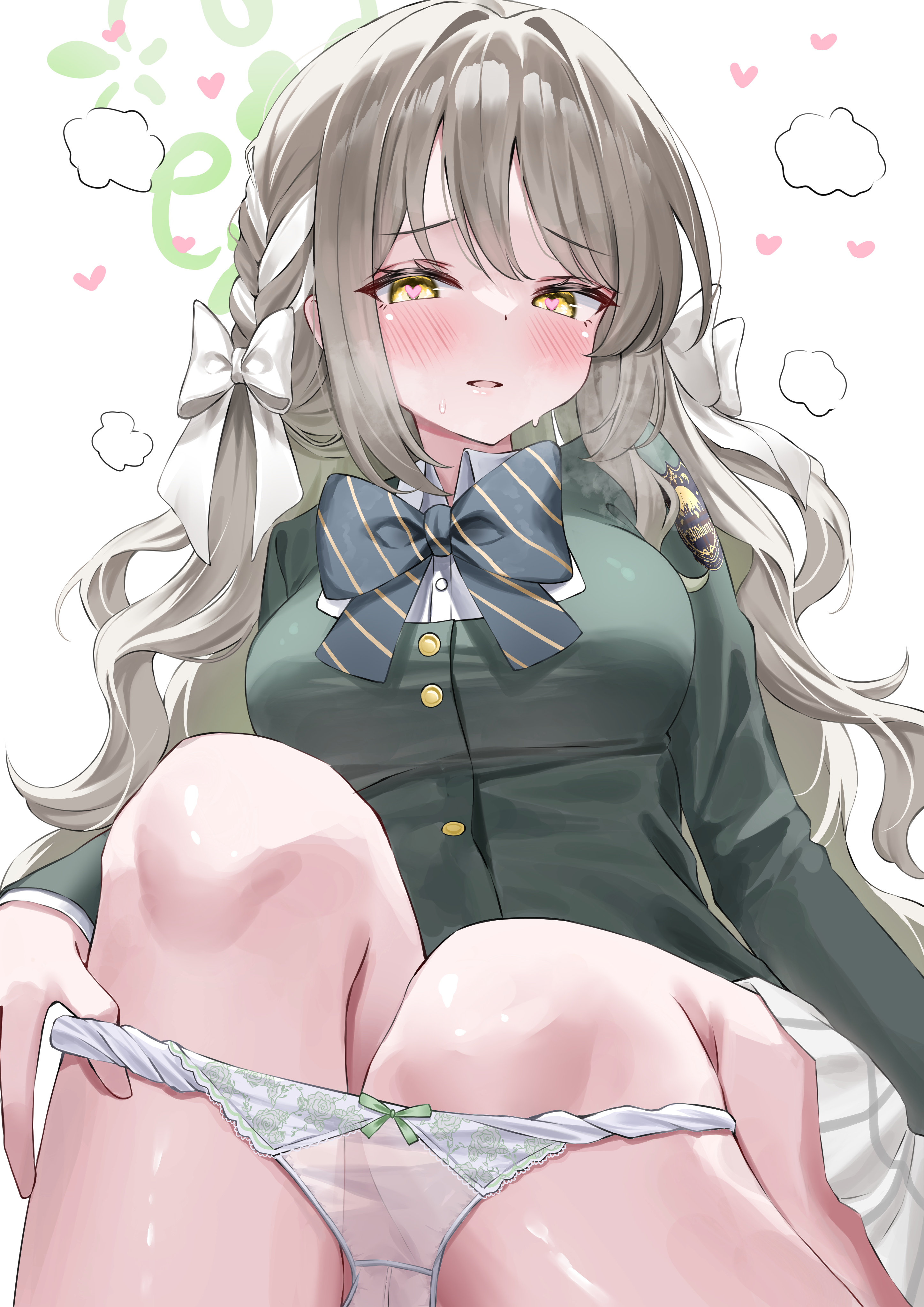 wfa5051, miyo (blue archive), blue archive, hazel eyes, absurdres, highres, 1girl, blush, bow, bowtie, braid, choppy bangs, diagonal-striped bow, diagonal-striped bowtie, diagonal-striped clothes, green bow, green bowtie, green halo, grey skirt, hair ribbon, halo, heart, heart-shaped pupils, long hair, looking at viewer, panties, panty pull, pulling own clothes, ribbon, ribbon braid, skirt, steaming body, striped bow, striped bowtie, striped clothes, sweat, symbol-shaped pupils, underwear, wavy hair, white bow, white panties, wild hunt academy of arts logo