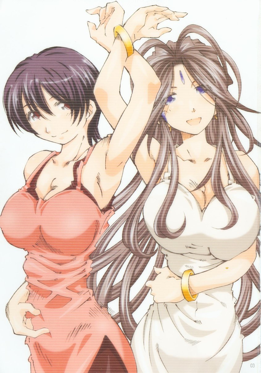 belldandy, fujimi chihiro, aa megami-sama, highres, 2girls, apron, arm up, armpits, blue eyes, bracelet, breasts, brown hair, cleavage, earrings, facial mark, forehead mark, jewelry, large breasts, multiple girls, pantyhose, smile