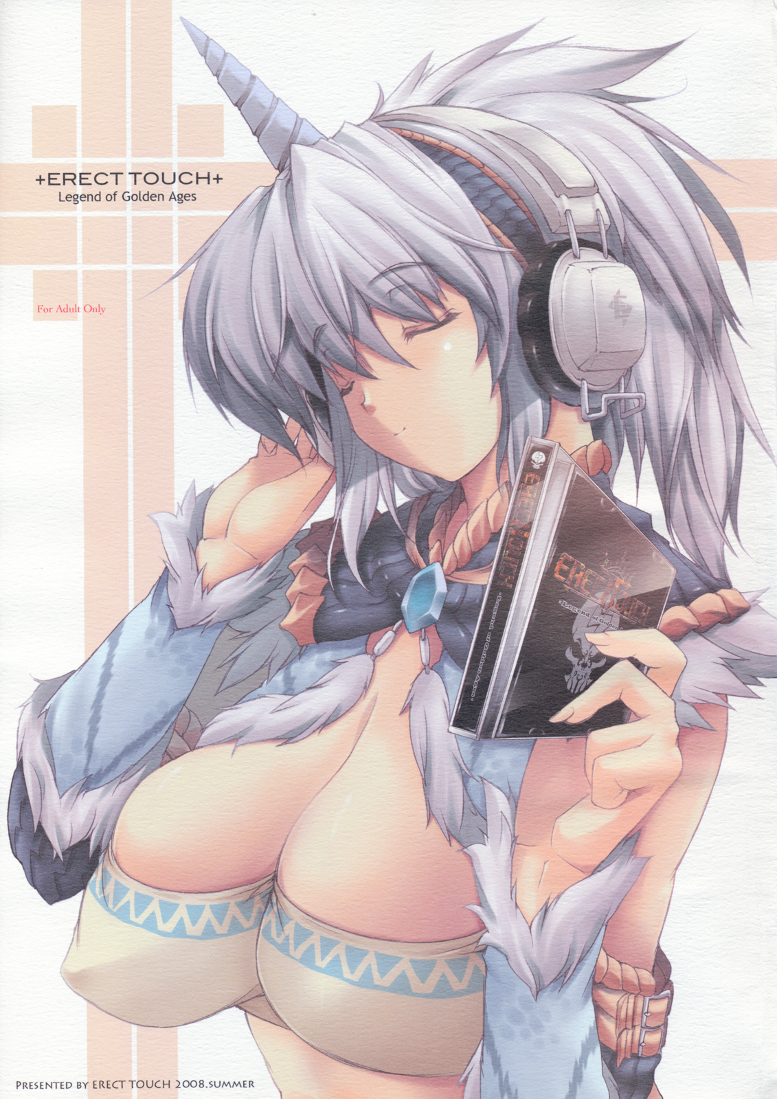 erect sawaru, capcom, monster hunter (series), fur, silver hair, highres, 1girl, breasts, cd, cleavage, closed eyes, cover, detached sleeves, female focus, hairband, headphones, horns, huge breasts, kirin (armor), large breasts, midriff, short hair, single horn, smile, solo