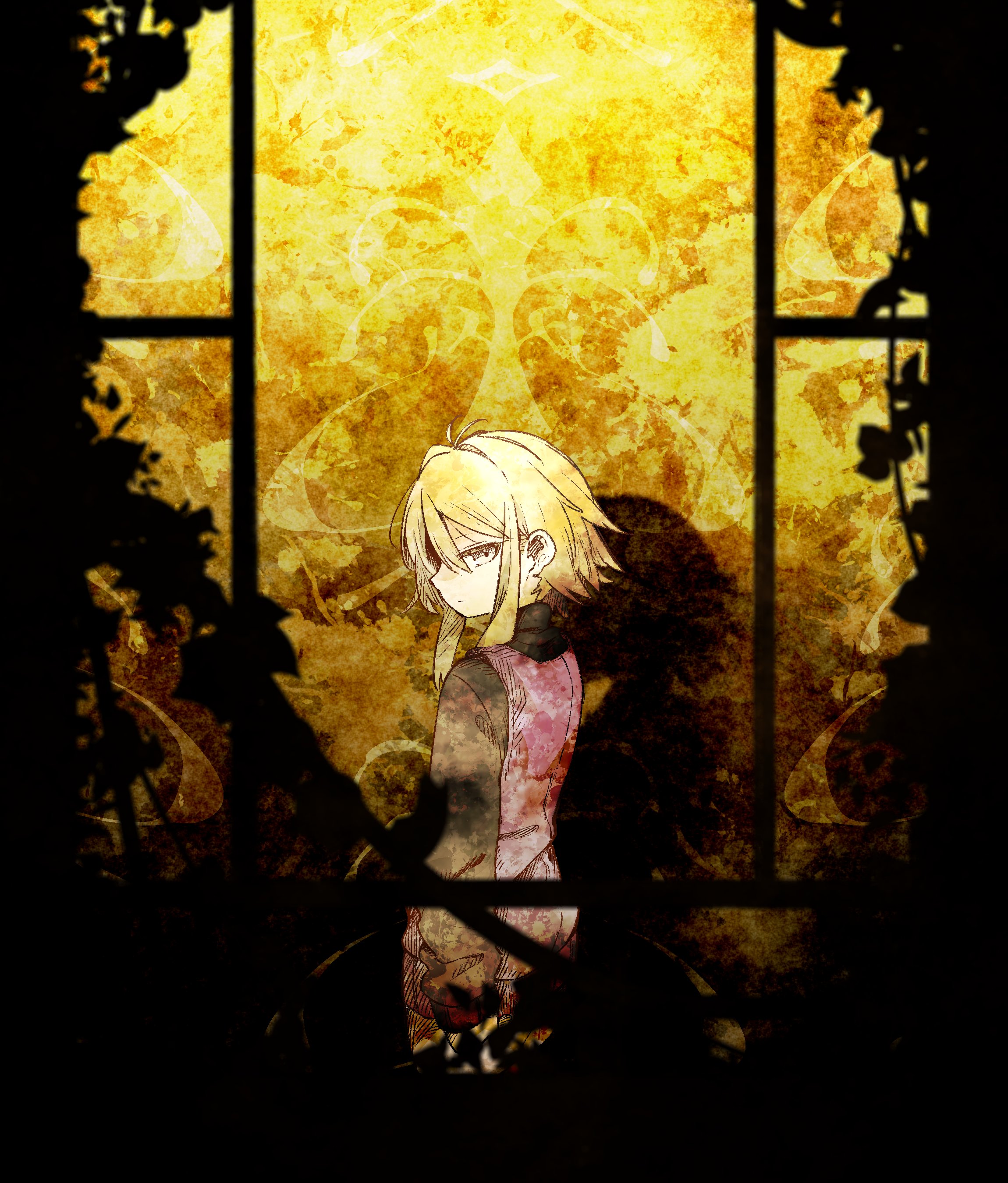itachi (mamamamamamazu1), urotsuki, yume 2kki, absurdres, bad id, bad twitter id, highres, 1girl, abstract background, black border, black sweater, blonde hair, border, closed mouth, expressionless, feet out of frame, from behind, long hair, long sleeves, looking at viewer, looking back, profile, purple vest, shadow, short hair with long locks, sidelocks, solo, standing, sweater, turtleneck, turtleneck sweater, vest, yellow background, yellow eyes