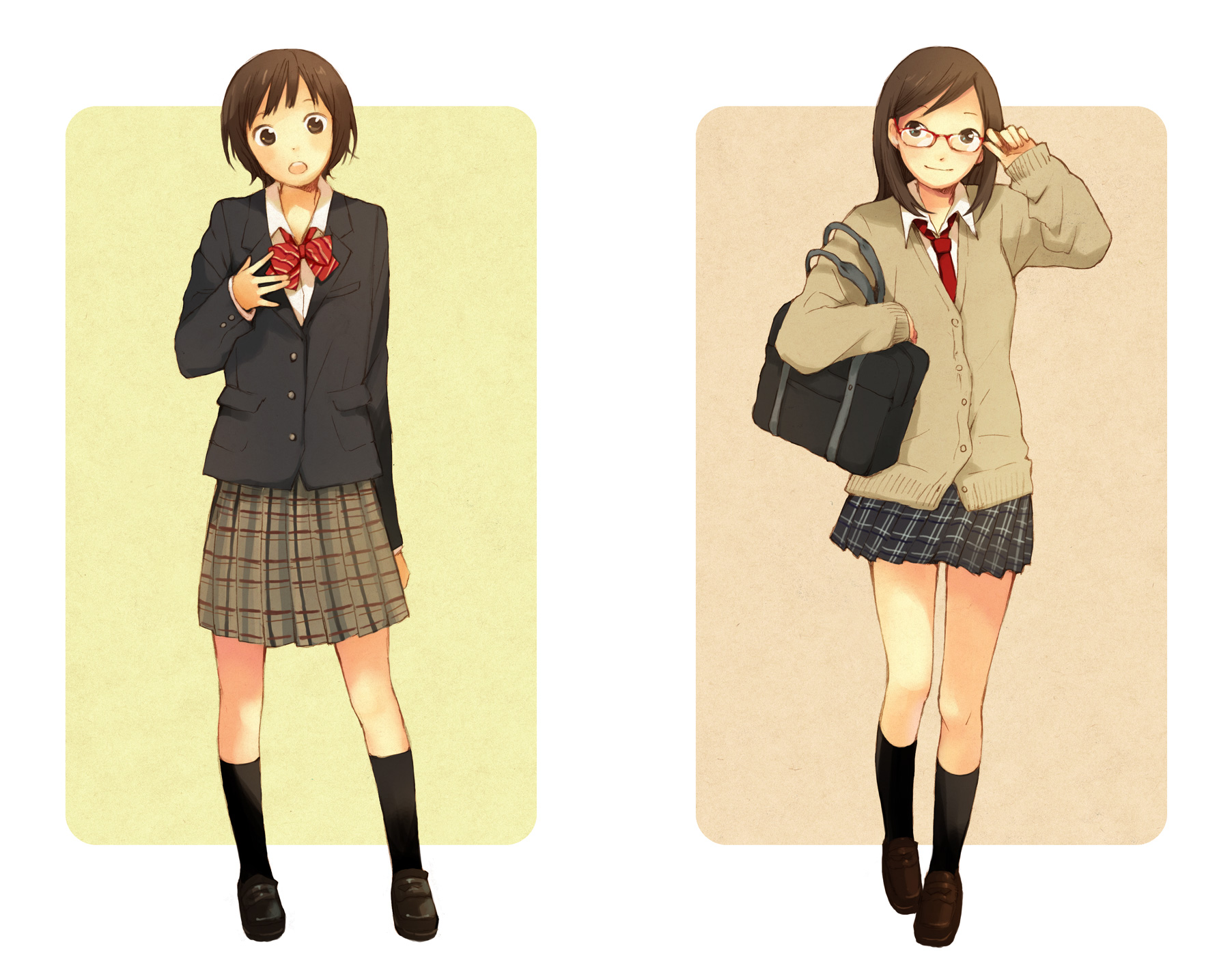 wakana (nagomoo), bad id, bad pixiv id, highres, 2girls, adjusting eyewear, bag, black socks, blouse, brown eyes, brown hair, collared shirt, full body, glasses, kneehighs, legs apart, miniskirt, multiple girls, plaid clothes, plaid skirt, school uniform, serafuku, shirt, shoulder bag, skirt, socks, standing, swept bangs, white shirt