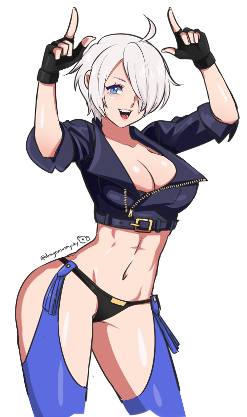 d-ryuu, angel (kof), snk, the king of fighters, the king of fighters xiv, 1girl, backless pants, blue eyes, bra, breasts, chaps, cleavage, crop top, cropped jacket, fingerless gloves, gloves, hair over one eye, horns pose, index fingers raised, jacket, large breasts, leather, leather jacket, looking at viewer, midriff, navel, panties, pants, short hair, smile, solo, strapless, strapless bra, toned, toned female, underwear, white hair