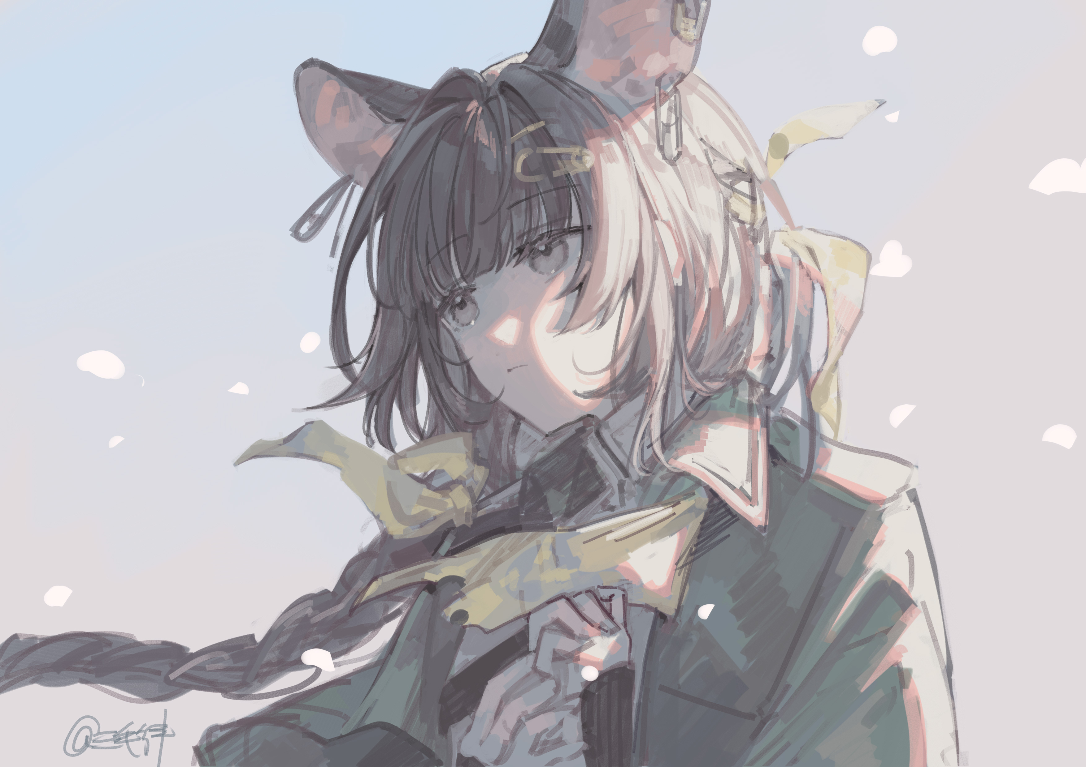 miike (992058), lutonada (arknights), arknights, absurdres, highres, 1girl, animal ears, backlighting, blunt bangs, braid, collared jacket, collared shirt, expressionless, grey eyes, grey hair, grey jacket, hair intakes, hands up, jacket, looking to the side, medium hair, mouse ears, one-hour drawing challenge, own hands together, pale color, paperclip, shirt, single braid, sketch, solo, upper body, white shirt