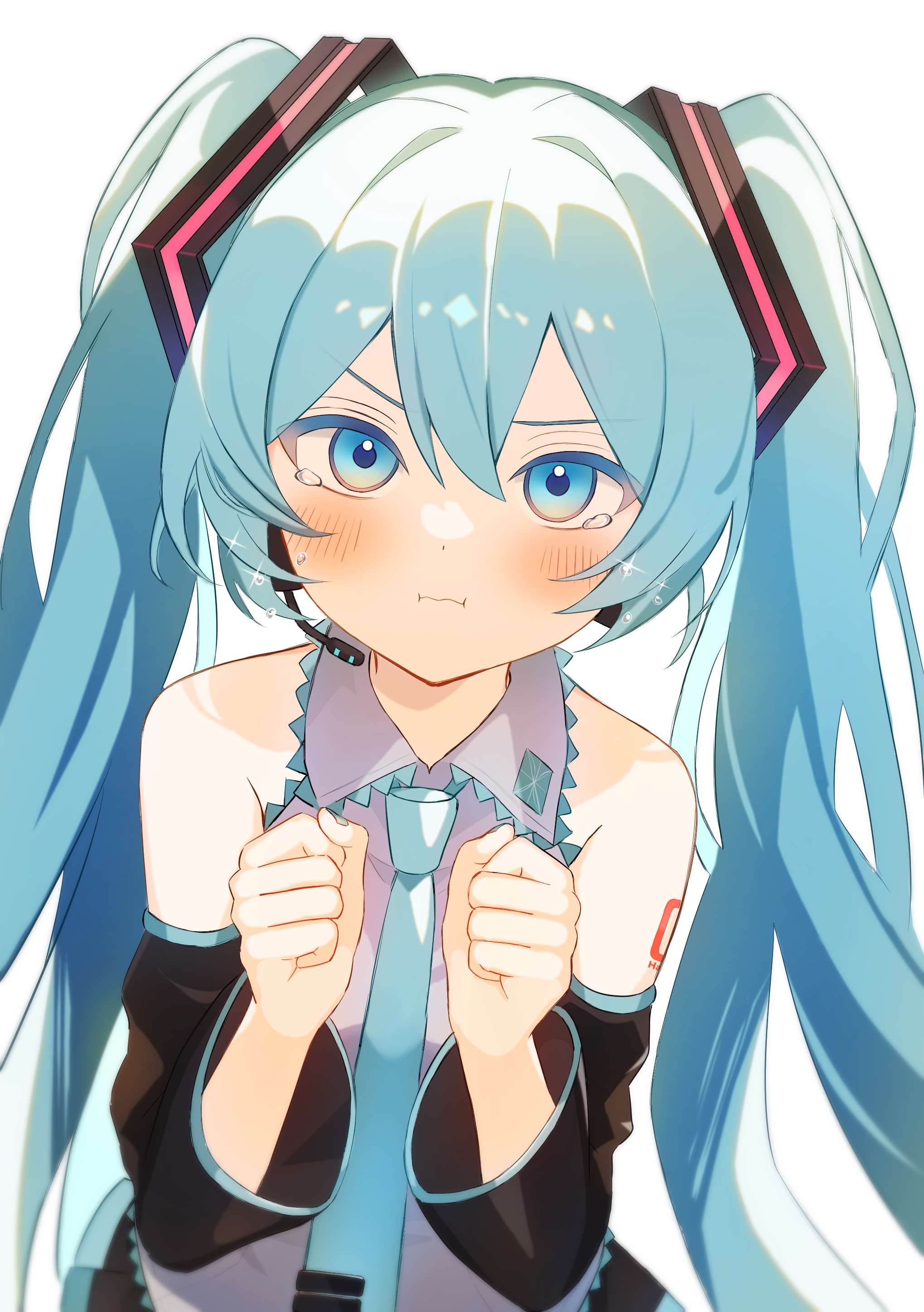 meruko-san, hatsune miku, vocaloid, absurdres, highres, 1girl, :t, aqua eyes, aqua hair, aqua nails, aqua necktie, aqua trim, arm tattoo, blush, closed mouth, collared shirt, detached sleeves, grey shirt, hair between eyes, hair ornament, headset, long hair, long sleeves, looking at viewer, necktie, number tattoo, pout, shirt, sleeveless, sleeveless shirt, smile, solo, tattoo, tears, twintails, very long hair, wide sleeves