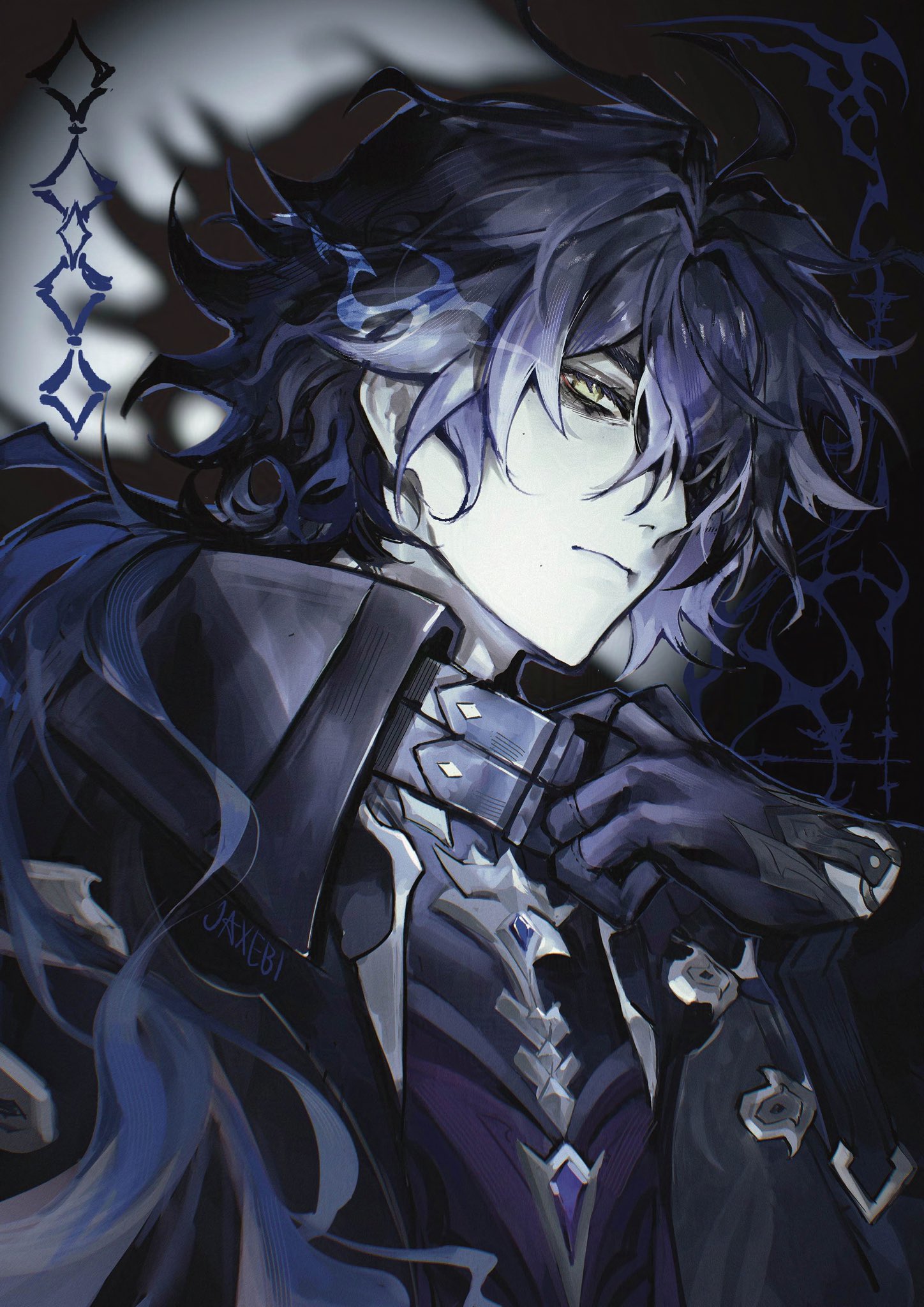 kntuju, flins (genshin impact), genshin impact, commentary, hashtag-only commentary, highres, 1boy, arm up, belt collar, black coat, black gloves, blue gemstone, blue hair, closed mouth, coat, collar, collared coat, drop shadow, gem, gloves, hair between eyes, long hair, long sleeves, looking at viewer, male focus, messy hair, parted bangs, parted hair, solo, upper body, very long hair, yellow eyes