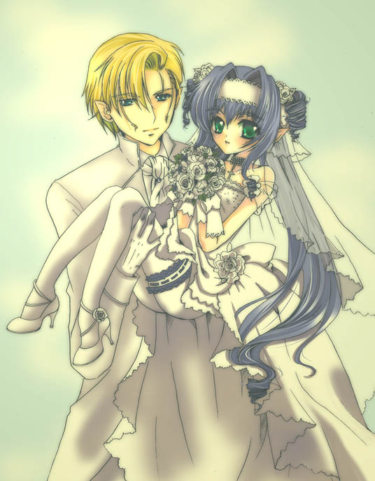 klan klein, meltrandi, mikhail buran, zentradi, macross, macross frontier, white footwear, 00s, 1boy, 1girl, bare shoulders, blonde hair, blue hair, bouquet, bride, carrying, child, couple, cross, cross collar, cross necklace, dress, drill hair, flower, frilled thigh strap, good end, green eyes, headband, hetero, high heels, jewelry, long hair, necklace, pantyhose, pointy ears, princess carry, shoes, short hair, short twintails, thigh strap, tuxedo, twintails, wedding, wedding dress, white pantyhose