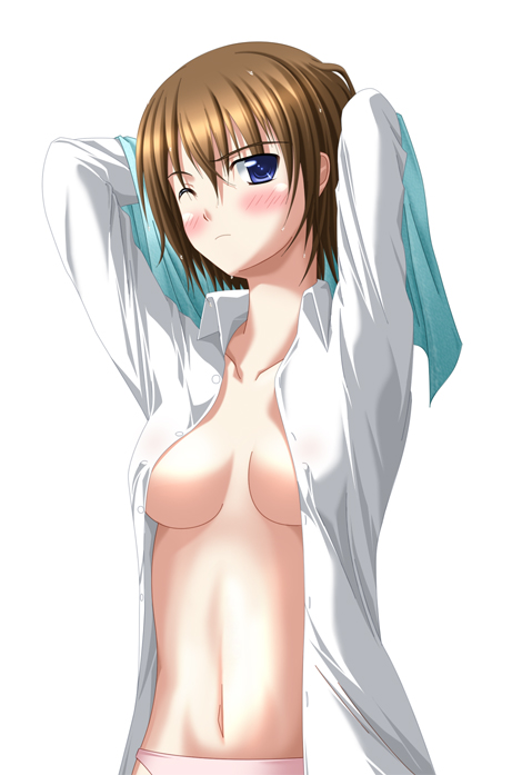 yagami hayate, lyrical nanoha, mahou shoujo lyrical nanoha, mahou shoujo lyrical nanoha strikers, 00s, 1girl, blush, breasts, cleavage, female focus, one eye closed, open clothes, open shirt, shirt, solo, wink