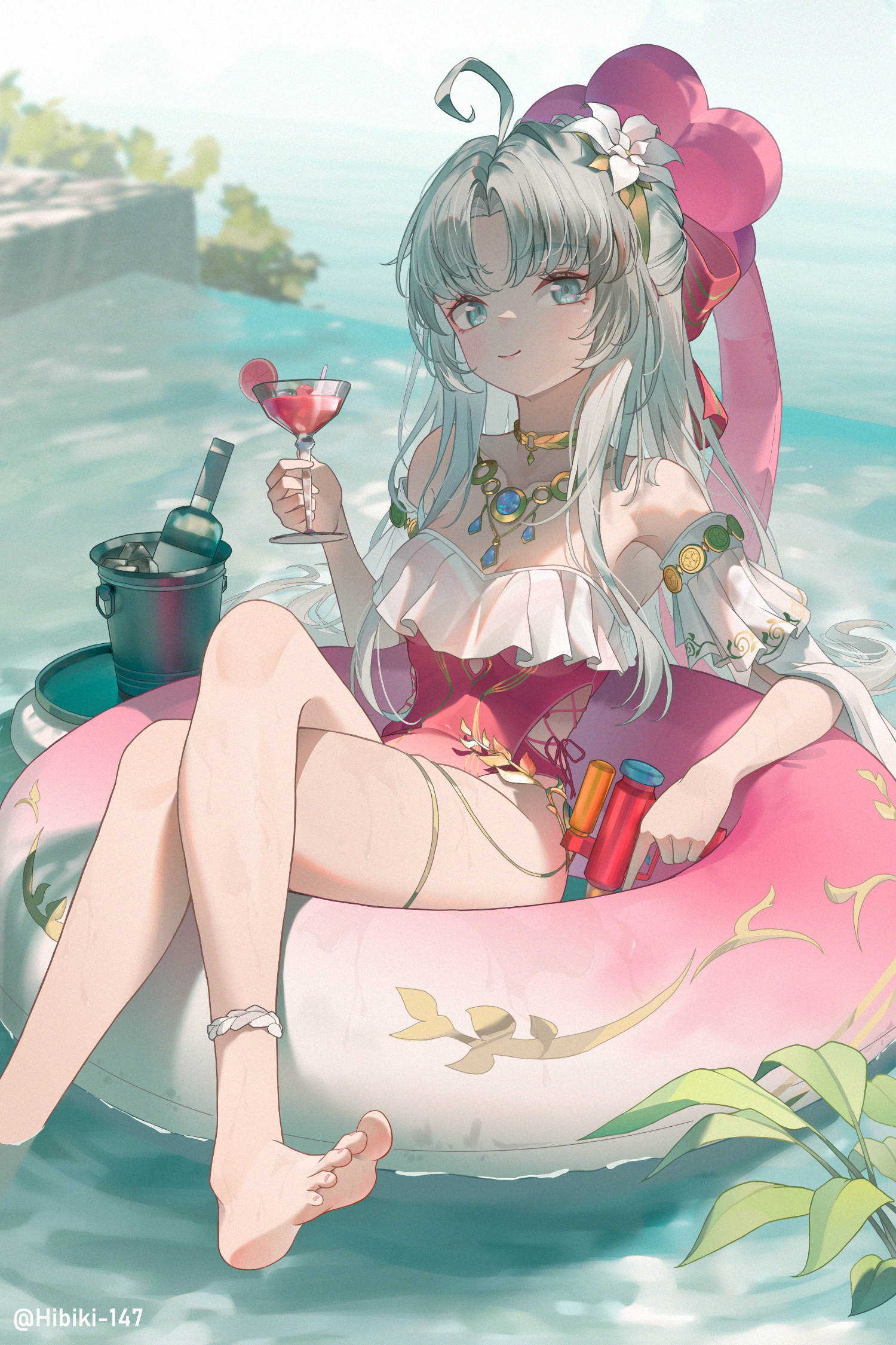 hibiki-147, carlotta (splashing summer) (wuthering waves), carlotta (wuthering waves), wuthering waves, highres, 1girl, artist name, barefoot, bow, casual one-piece swimsuit, clothing cutout, crossed legs, cup, cutout above navel, flower, forked hair, frilled one-piece swimsuit, frills, hair flower, hair ornament, highleg, highleg one-piece swimsuit, holding, holding cup, holding water gun, innertube, looking at viewer, off-shoulder one-piece swimsuit, off shoulder, official alternate costume, on innertube, one-piece swimsuit, parted bangs, pink bow, pink one-piece swimsuit, sitting, smile, soles, solo, striped bow, swim ring, swimsuit, toes, water gun