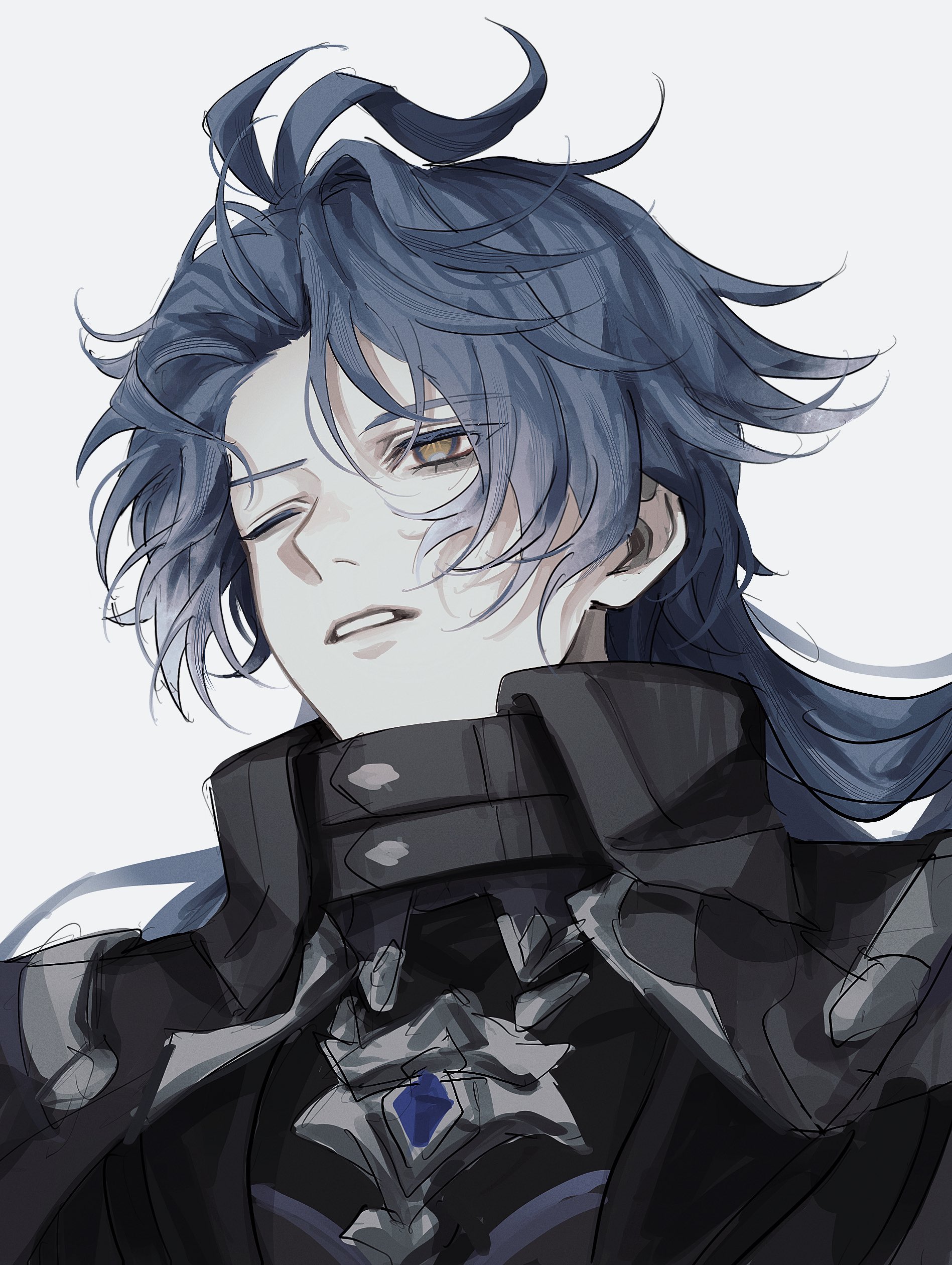 flins (genshin impact), genshin impact, absurdres, commentary, highres, unfinished, 1boy, antenna hair, empty eyes, fz7047, hair behind ear, long hair, male focus, one eye closed, parted lips, simple background, sketch, solo, teeth, upper body, white background, yellow eyes