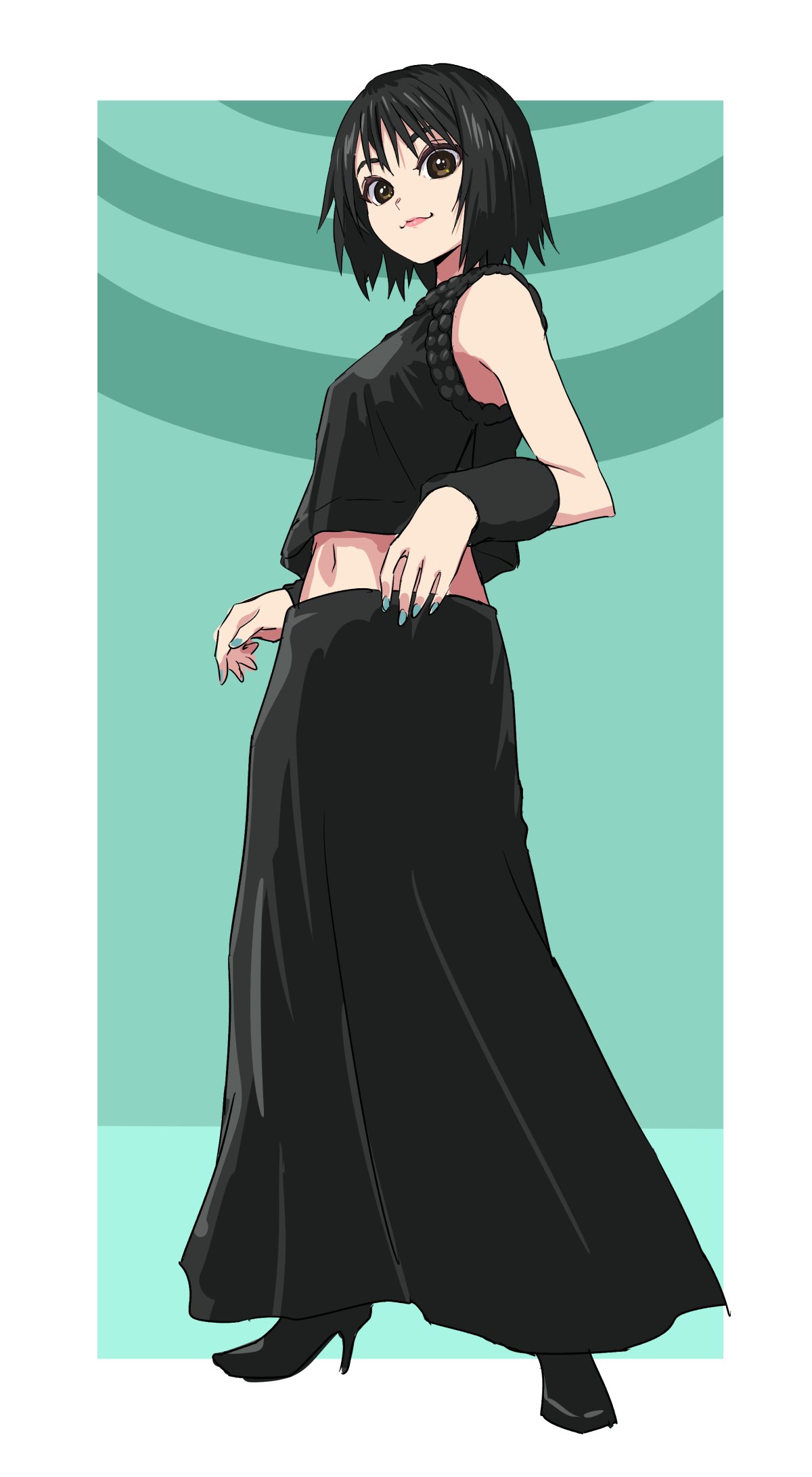 yuu (1007yu), real life, commentary request, highres, 1girl, black hair, black shirt, black shoes, black skirt, blue nails, border, breasts, brown eyes, choppy bangs, closed mouth, cropped shirt, detached sleeves, fingernails, from below, full body, green background, high heels, long skirt, looking at viewer, looking down, looking to the side, midriff, nail polish, navel, outside border, shirt, shoes, short hair, simple background, skirt, sleeveless, sleeveless shirt, small breasts, smile, solo, standing, suzuki ami, turning head, white border