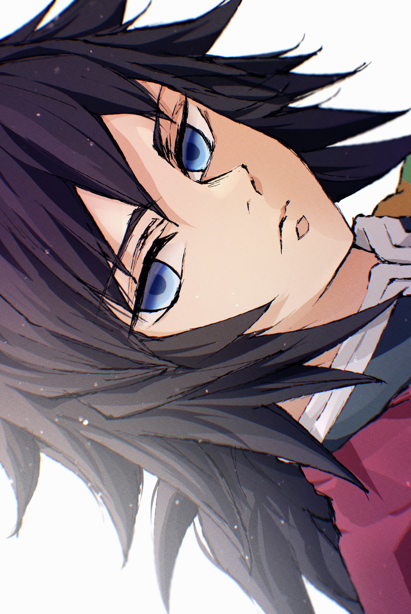 omichi 1219, tomioka giyuu, kimetsu no yaiba, highres, 1boy, black hair, black jacket, blue eyes, closed mouth, demon slayer uniform, haori, high collar, jacket, japanese clothes, kikkoumon, looking at viewer, low ponytail, male focus, ponytail, print haori, sideways, simple background, solo, spiked hair, upper body, white background