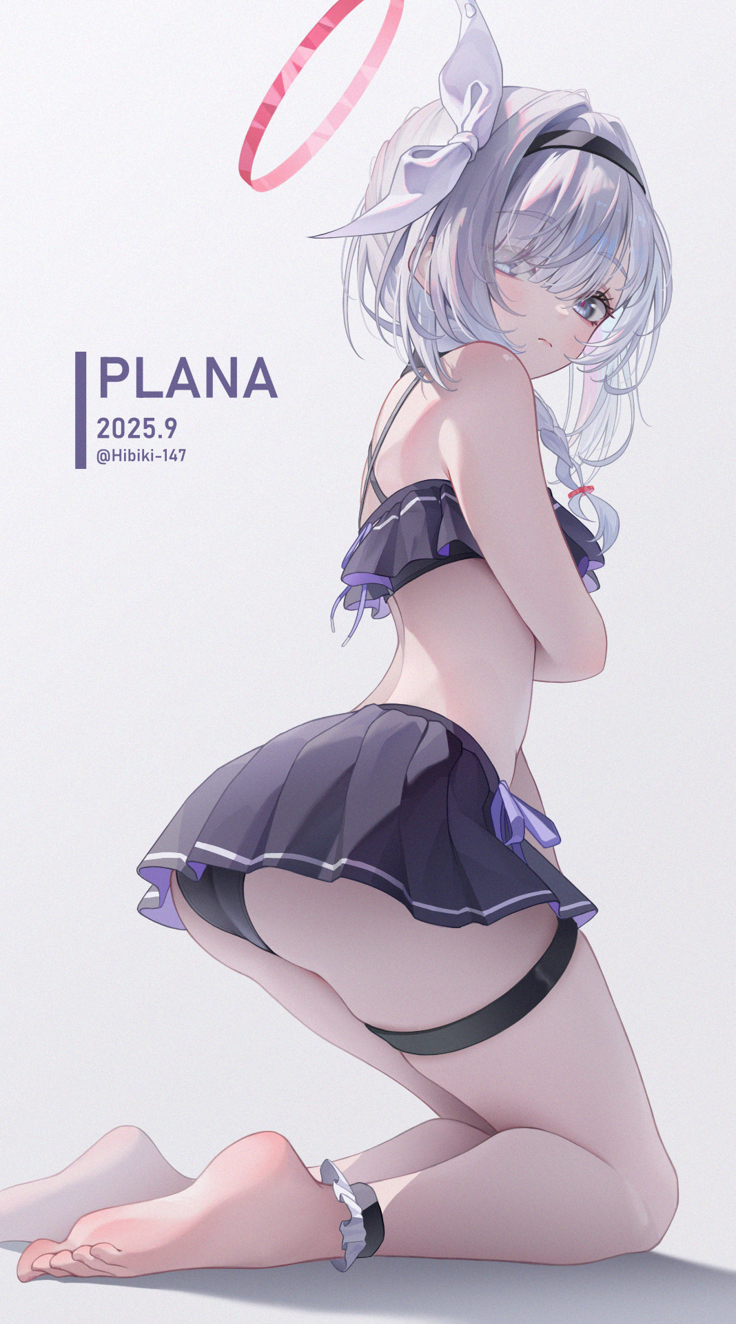 hibiki-147, plana (blue archive), blue archive, highres, 1girl, alternate costume, alternate hairstyle, barefoot, bikini, bikini skirt, black bikini, black hairband, braid, colored inner hair, frilled bikini, frills, from side, full body, hair over one eye, hairband, halo, kneeling, looking at viewer, multicolored hair, red halo, red pupils, ribbon, side braid, soles, swimsuit, thigh strap, toes, white ribbon
